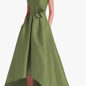 Olive Green High-Low Floral Detail Evening Dress